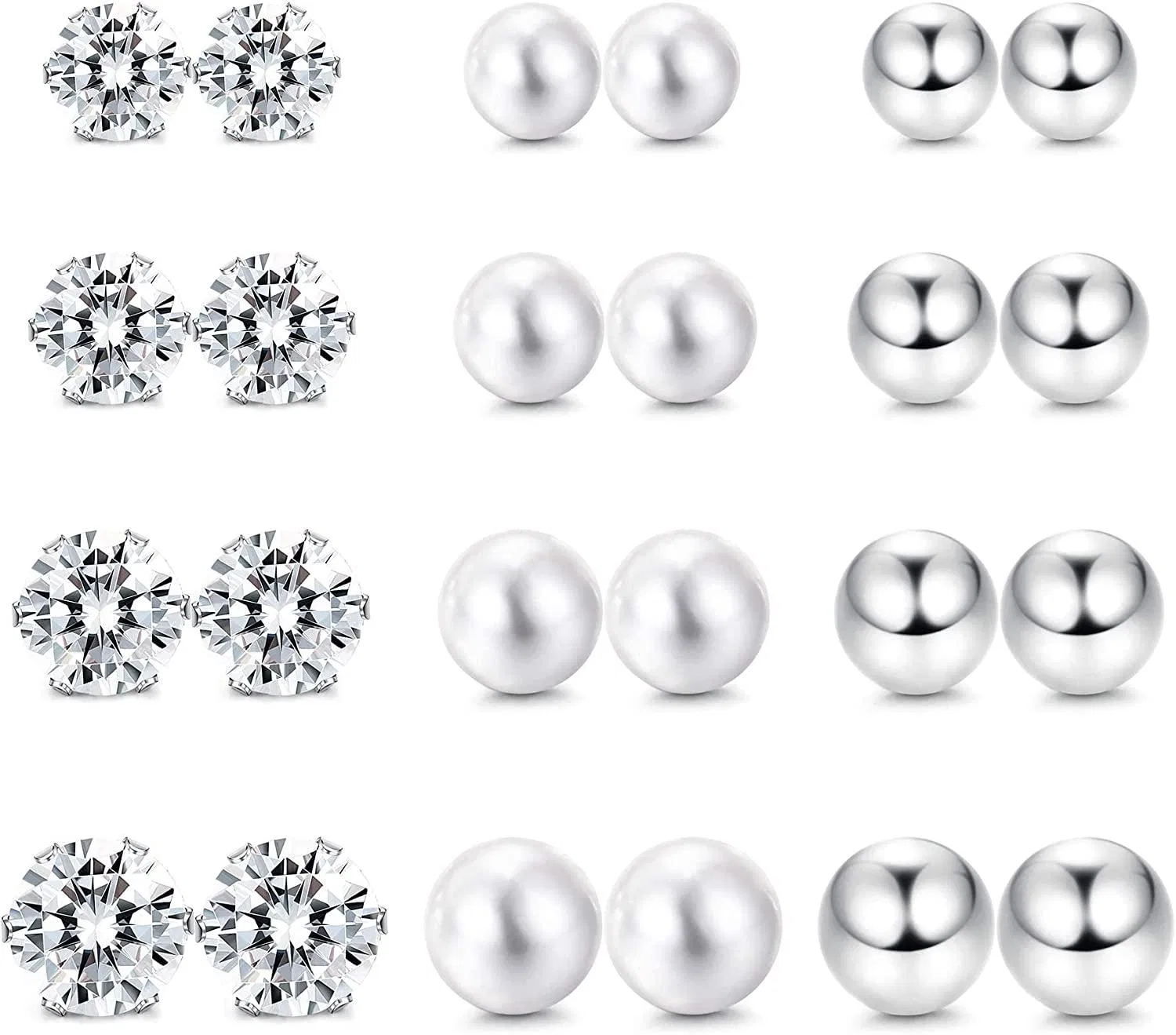 12 5-8MM Pairs Stainless Round Stud Earrings Cubic Zirconia Pearl Ball Earring Set for Women Men - Grocery