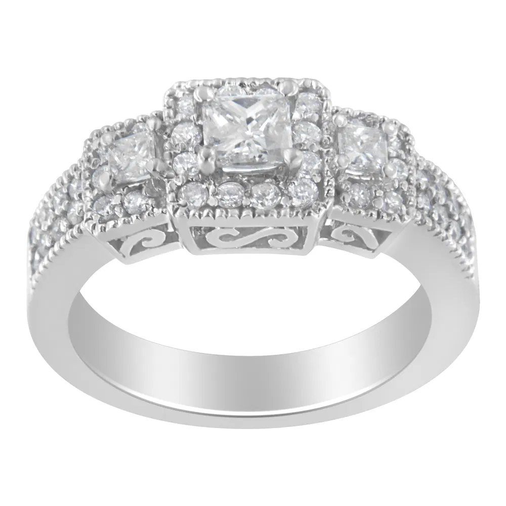 14K White Gold Round and Princess-Cut Diamond Three Stone Ring (1 Cttw, H-I Color, I1-I2 Clarity) - Grocery
