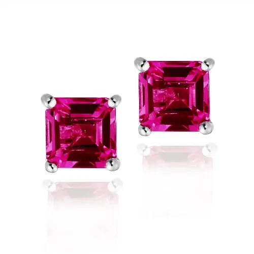 Sterling Silver 1.6ct Created Ruby Square Stud Earrings, 5mm - Grocery