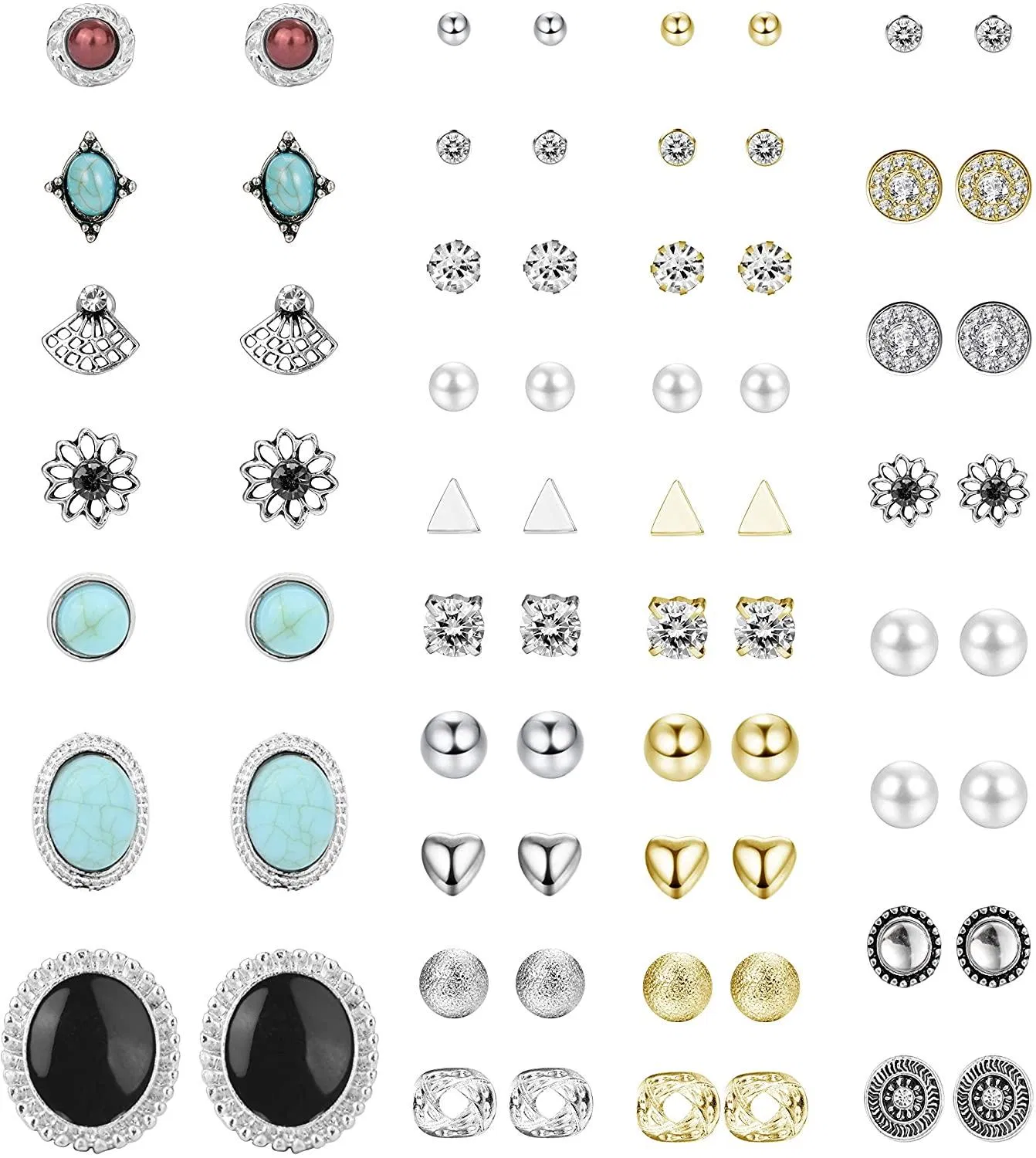 35Pairs Multiple Stud Earrings Crystal Pearl Earrings Cute Vintage Earrings Set For Women - Grocery
