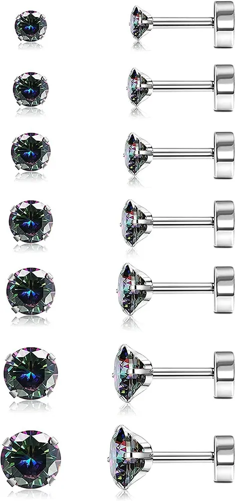 7 Pairs Tiny Stainless Cubic Zirconia Ear Stud Tragus Stud Earrings Set for Women Men Flat Back Screw Back 20G Ear Piercing Set - Grocery