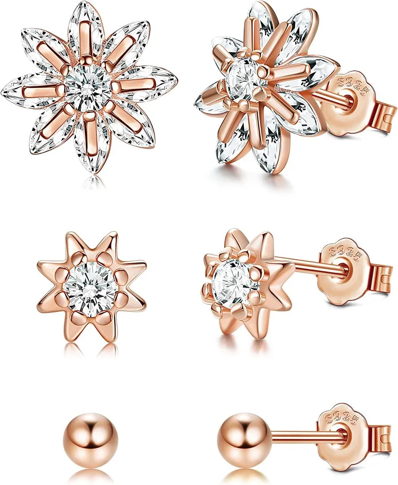 3 Pairs Sterling Stud Earrings - 18K Gold Plated Flower Ball Small Stud Earrings Set Cubic Zirconia Stud Earrings for Women - Grocery