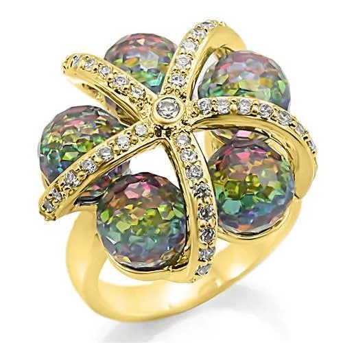 0W299 - Gold Plated Brass Ring with Top Grade Crystal in Multi Color - Grocery