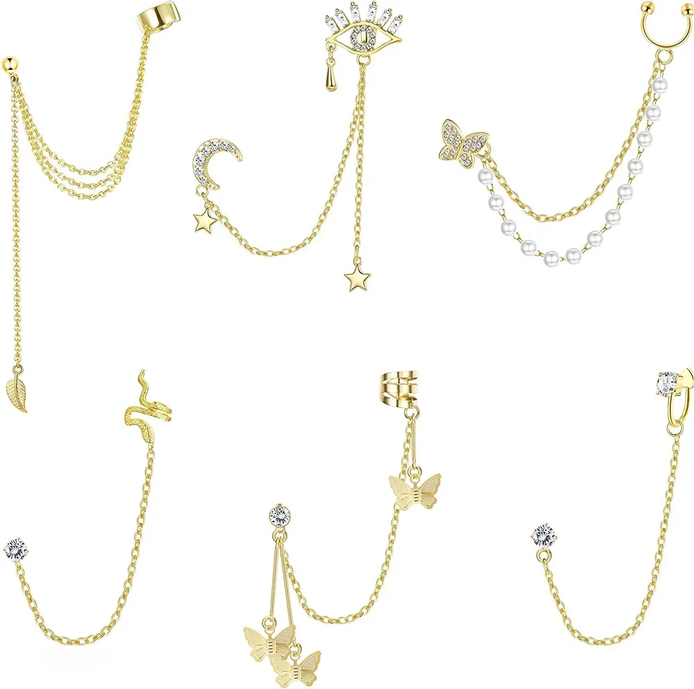 6Pcs Cuff Earring Chain Snake Ear Cuff Butterfly Moon Tassel Chain Earring 316L Stainless Minimalist Earrings For Women Mens Punk Earrings - Grocery