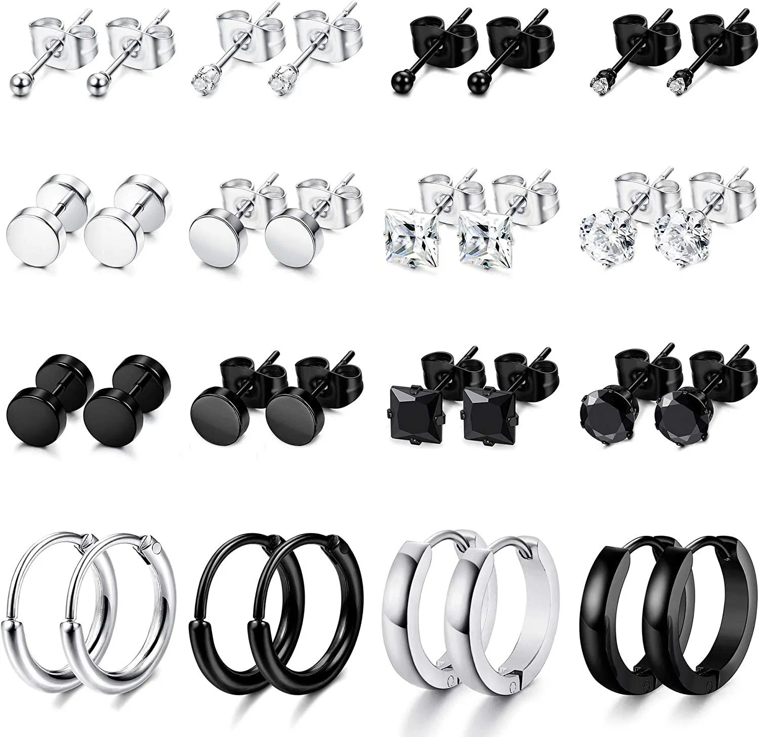 16 Pairs Stainless Stud Earring Hoop Earring Set for Women Men CZ Tiny Ball Stud Earrings Cartilage Earrings Endless Hoop Earrings - Grocery