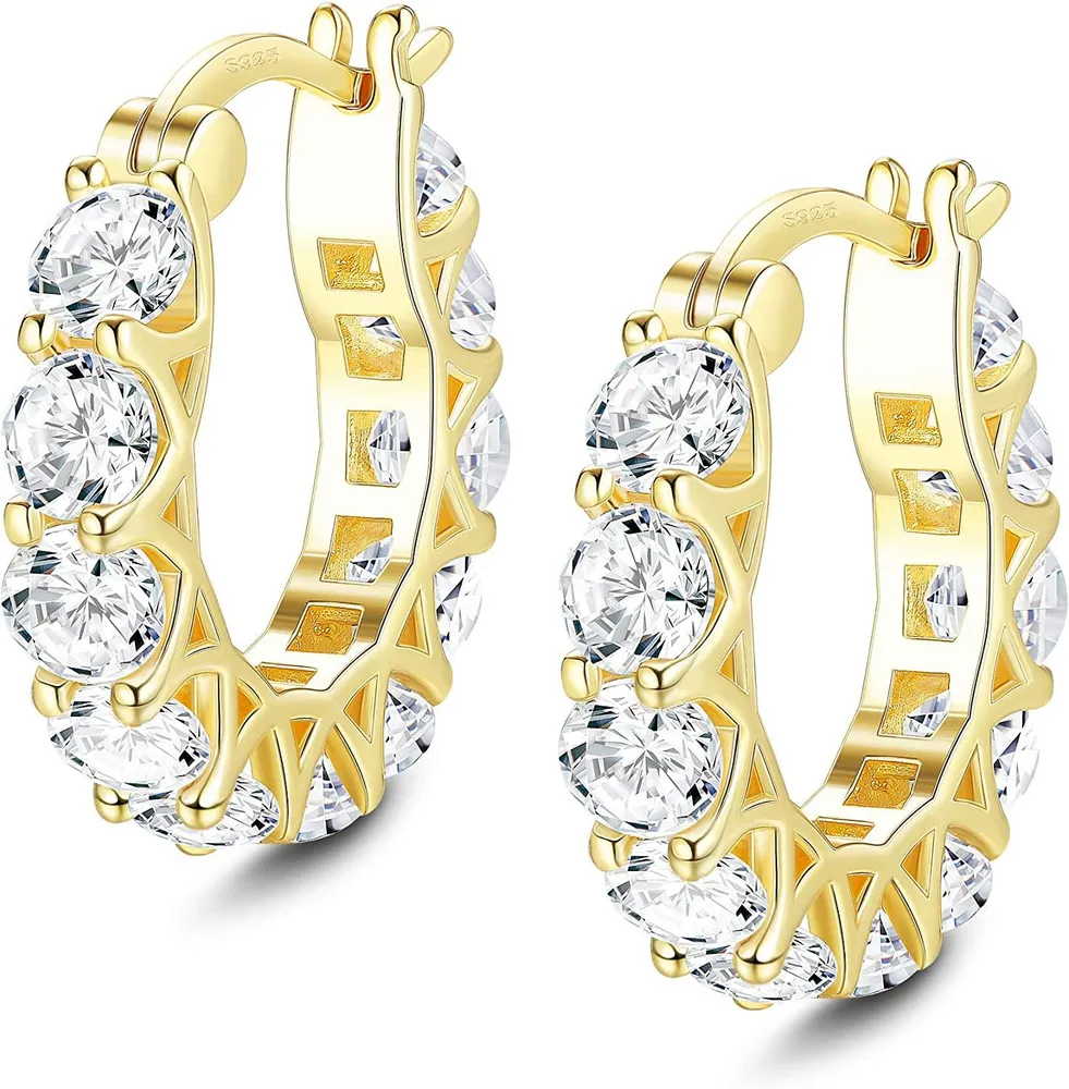 14K Gold Plated Hoop Earrings 925 Sterling Silver Cubic Zirconia Hoop Earrings for Women Men Huggie CZ Hoop Earrings Gift - Grocery