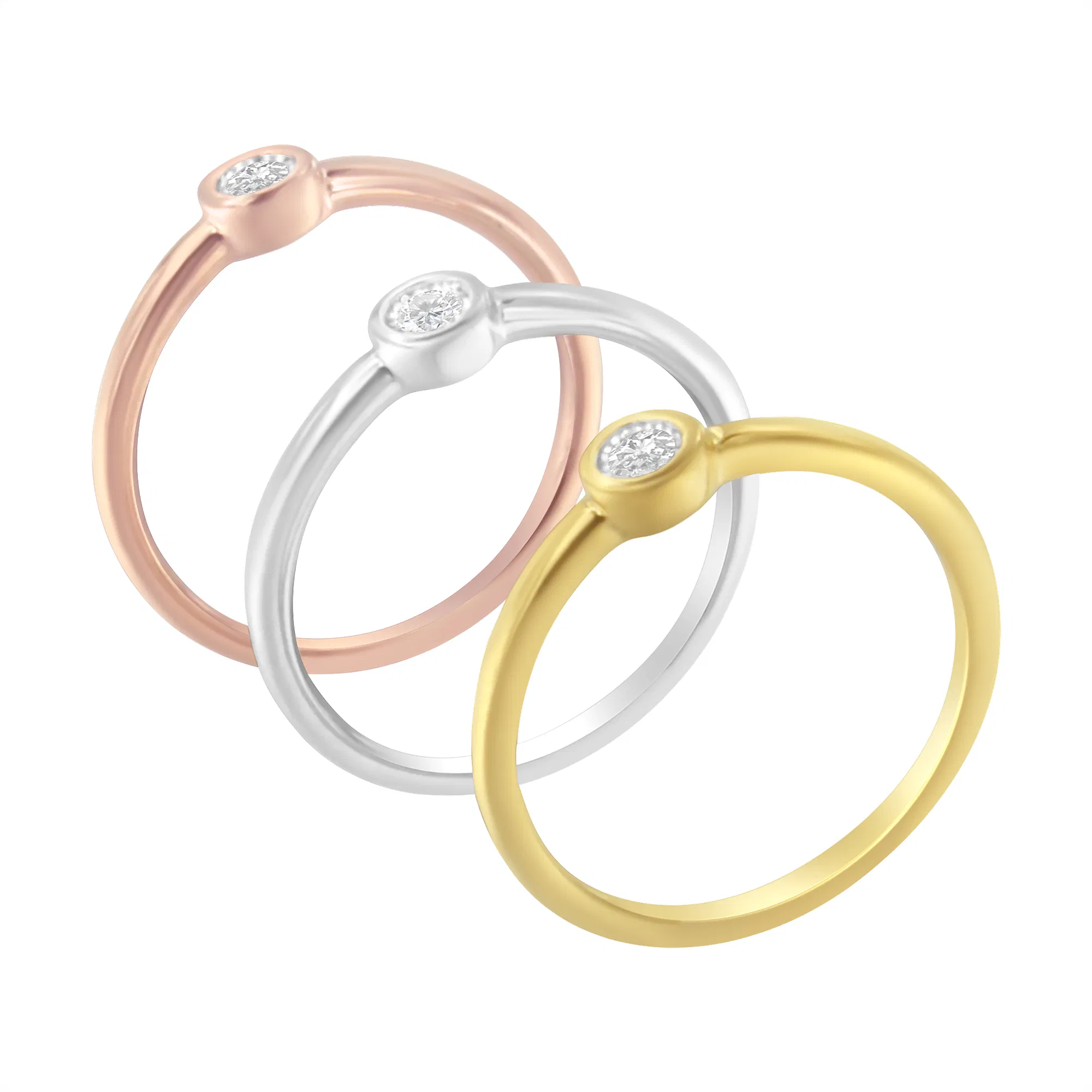 Tri-Color 14K Gold Plated .925 Sterling Silver 1/6 Cttw Round Miracle-Set Diamond Stacking Promise Ring Set (J-K Color, I1-I2 Clarity) - Grocery