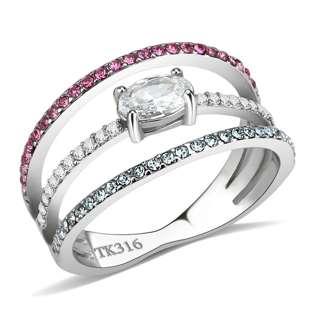 DA386 - High polished (no plating) Stainless Steel Ring with AAA Grade CZ in Multi Color - Grocery