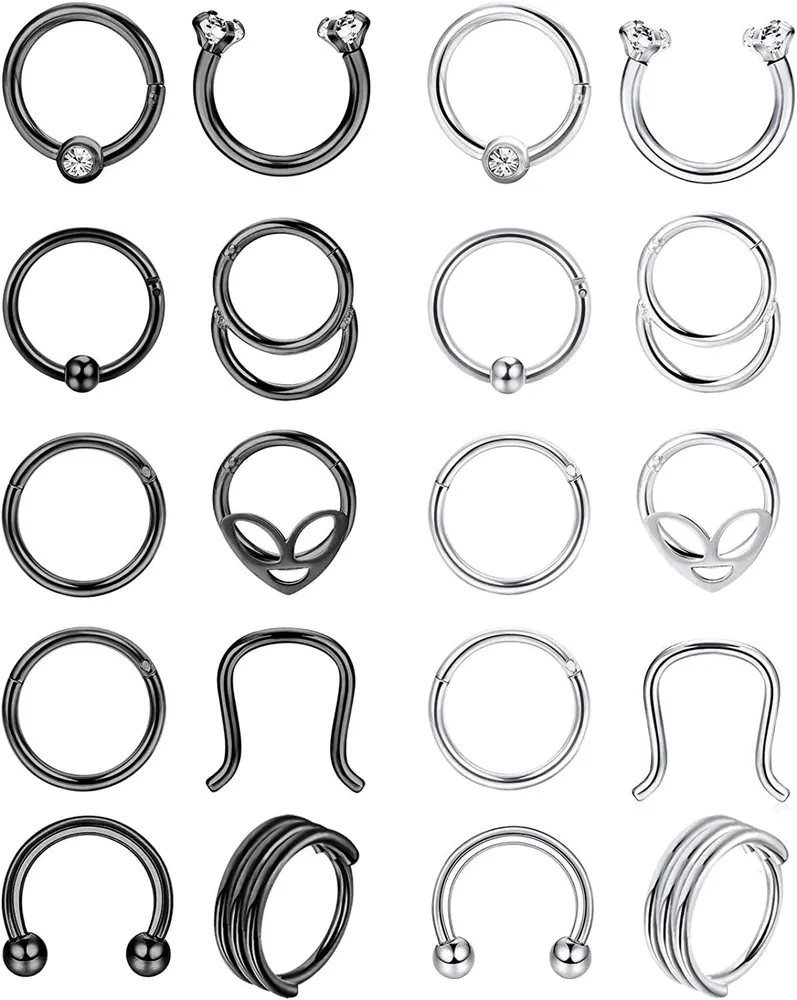 20pcs Stainless Septum Nose Ring Hoop Set Hinged Segment Lip Trague Cartilage Clicker Body Piercing 16G - Grocery