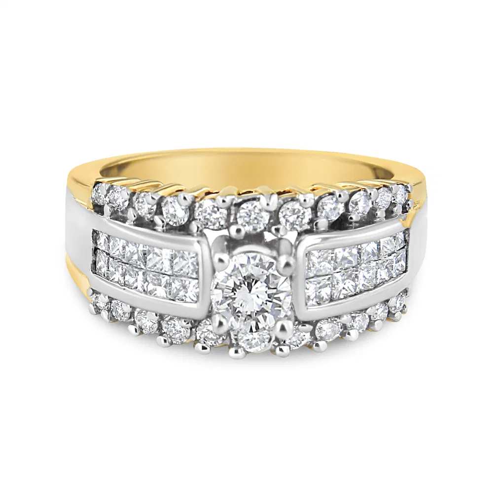 14K Yellow and White Gold 1 1/2 Cttw Round and Princess-Cut Diamond Band Ring (H-I Color, SI2-I Clarity) - Grocery