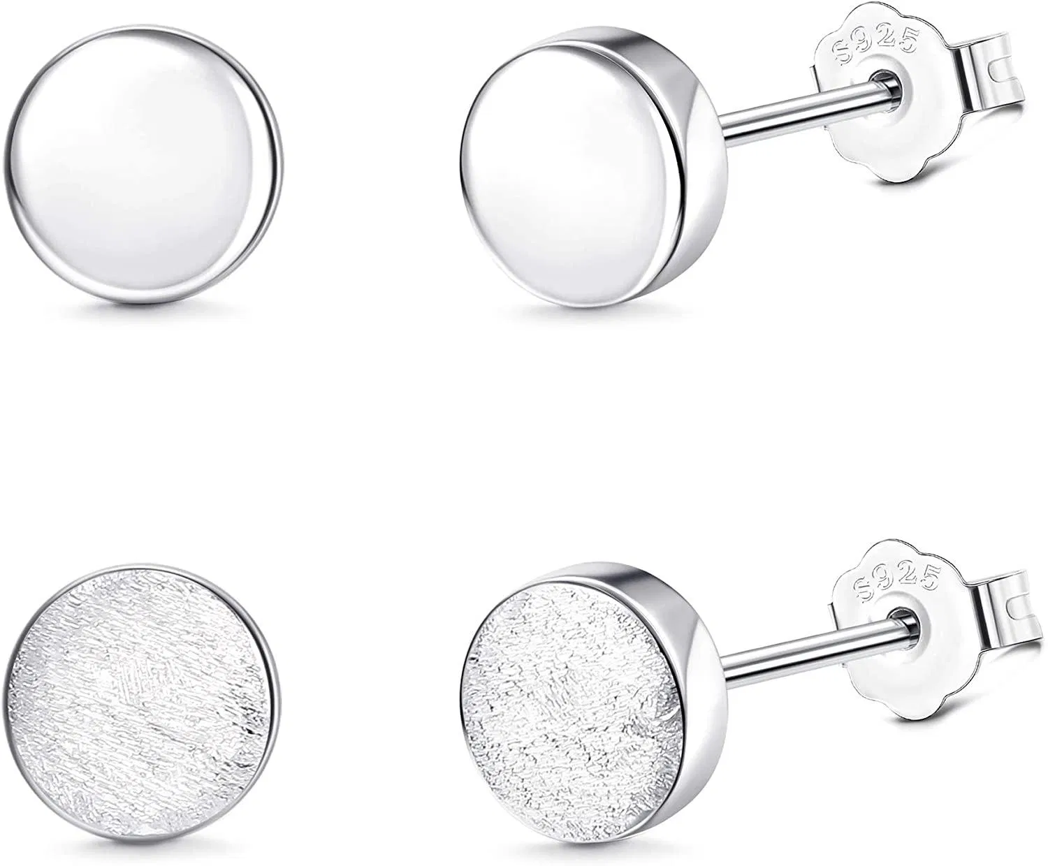 2 Pairs of Small Flat Round 925 Silver Stud Earrings Women Polished and Matt Earrings Set Jewelry - Grocery