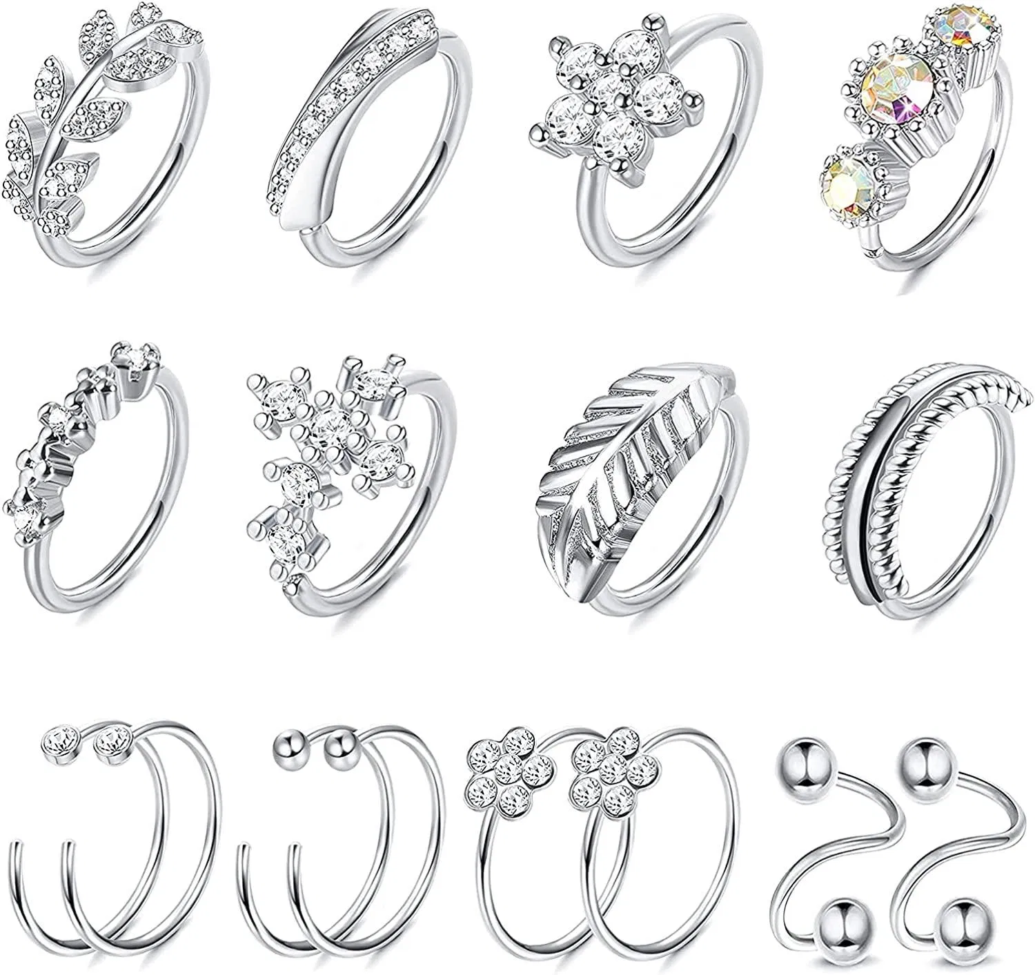 16PCS Stainless Nose Ring Hoop Paved CZ Leaf Feather Flower Cross Crawler Tragus Cartilage Earring for Women Men Nose Ear Piercing Hoop 16G/20G - Grocery