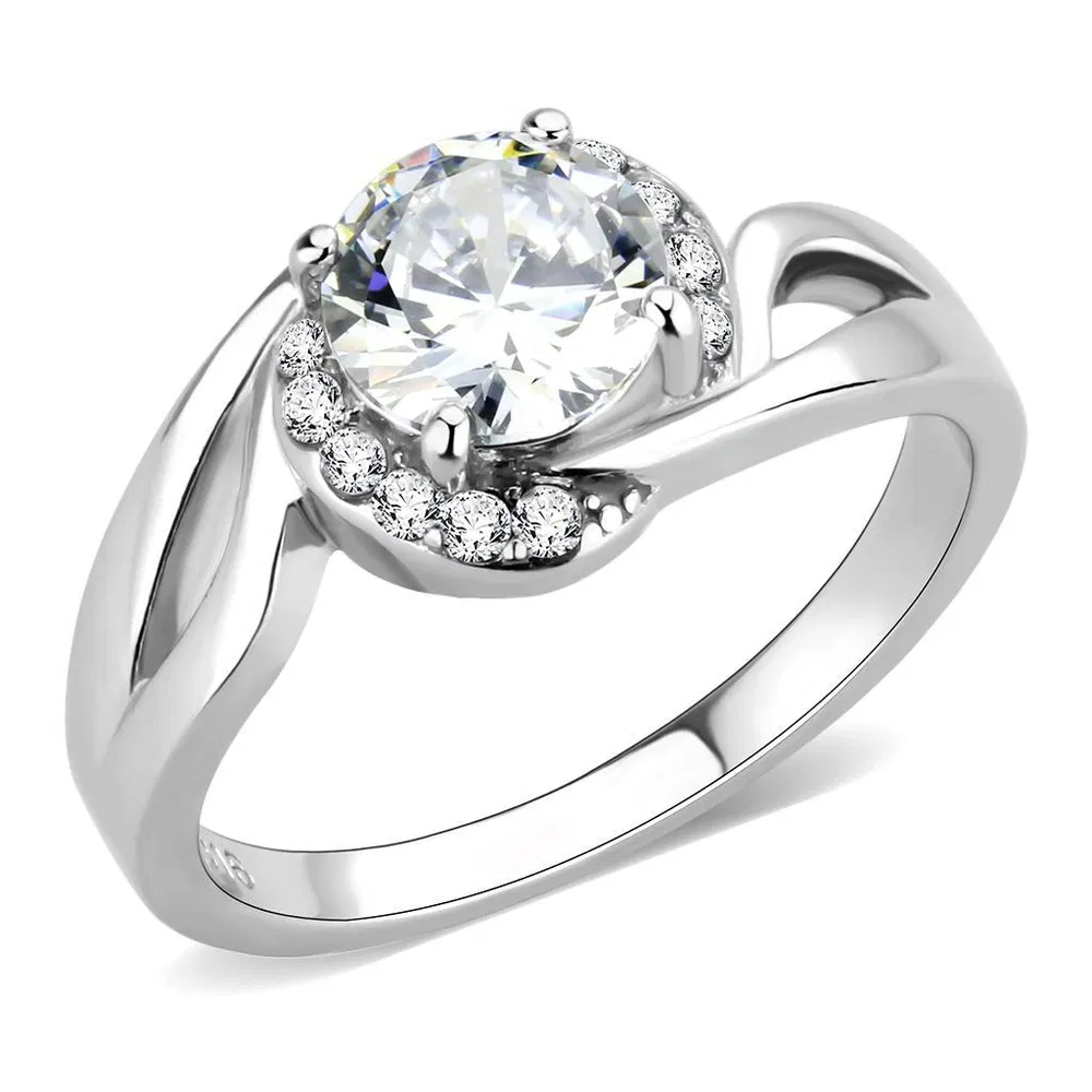 TK3701 - High polished (no plating) Stainless Steel Ring with AAA Grade CZ in Clear - Grocery
