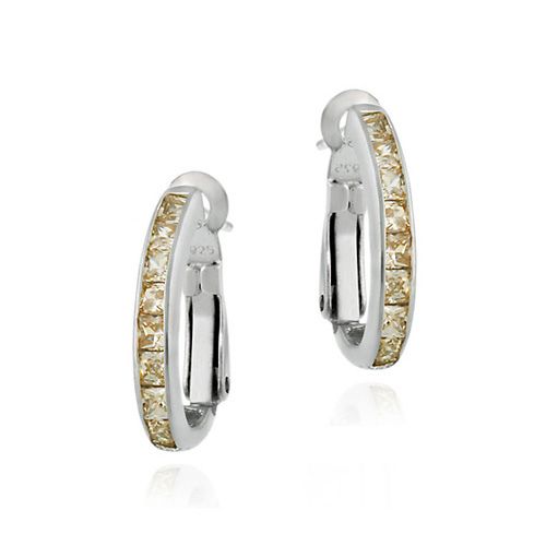 Sterling Silver Champagne CZ Oval Hoop Earrings - Grocery