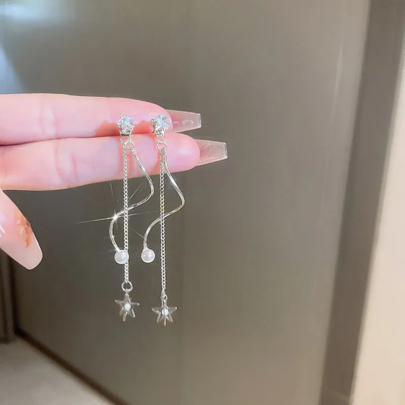 Women's Zircon Faux Pearl Star Tassel Earrings Jewelry Gift - Grocery