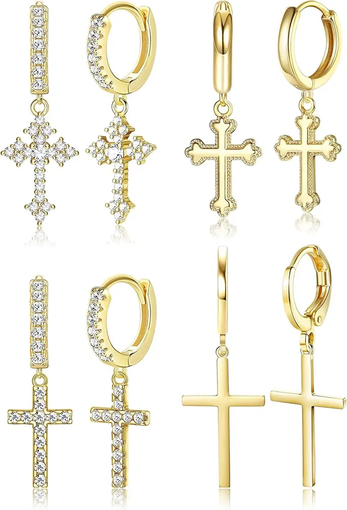 4 Pairs Cross Huggie Earrings Small Hoop CZ Cross Earrings for Women Men Minimalist Cross Charm Dangle Drop Earring - Grocery