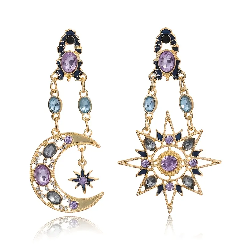 Sun Moon Stars Drop Earrings Rhinestone Punk Earrings For Women Jewelry Golden Boho Vintage Hollow Asymmetric Earrings - Grocery