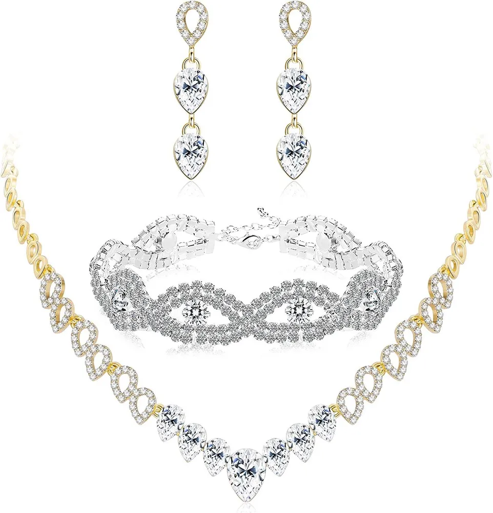 Crystal Bridal Set for Women Rhinestone Necklace Earrings Bracelet Wedding Bridesmaid Set - Grocery