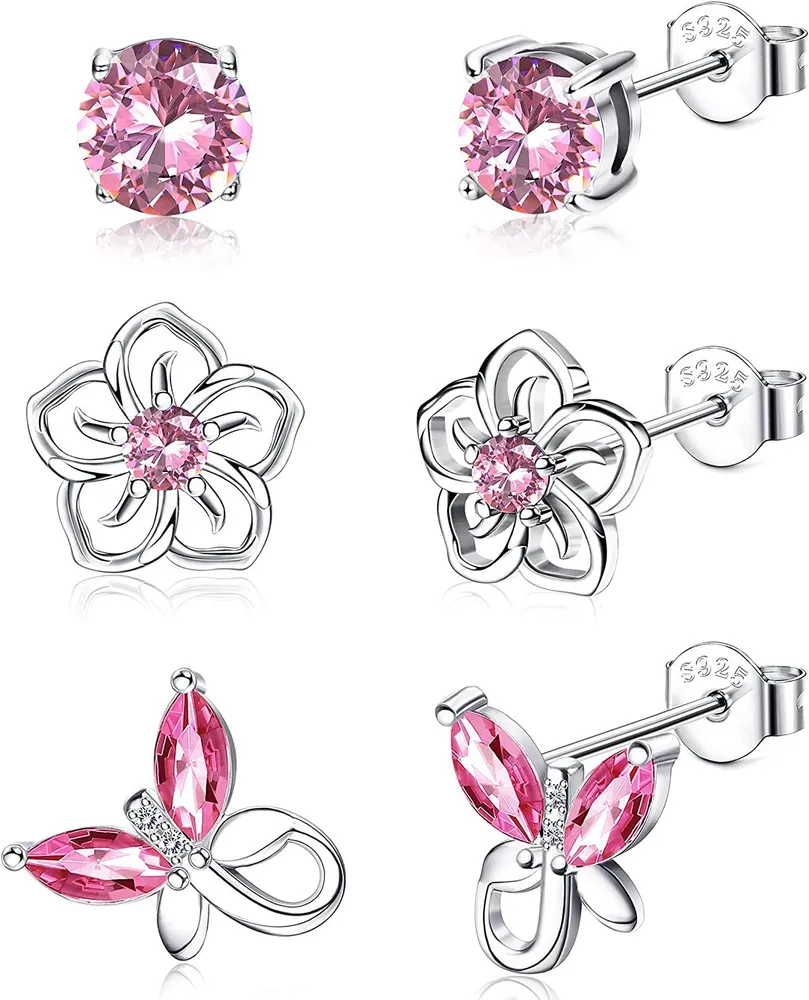 3Pairs 925 Sterling Birthstone Earrings 12 Months for Women Hypoallergenic Butterfly Flower Stud Earrings for Birthday Gift - Grocery