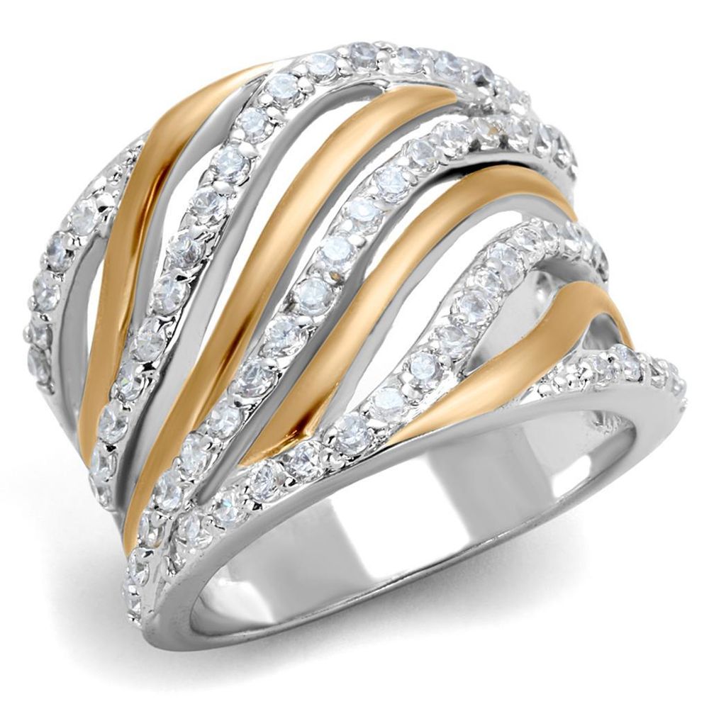 3W857 - Rose Gold + Rhodium Brass Ring with AAA Grade CZ in Clear - Grocery
