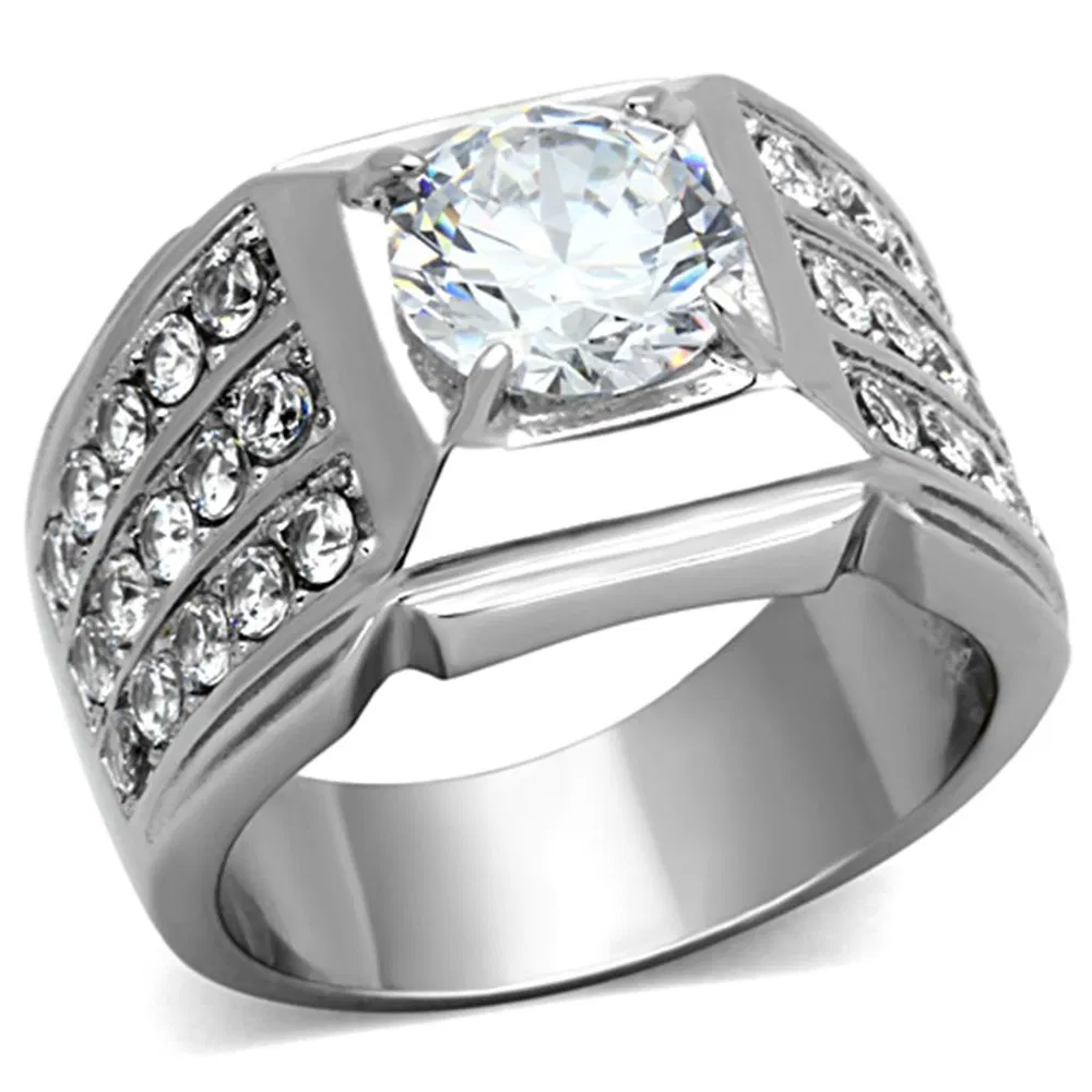 TK1233 - High polished (no plating) Stainless Steel Ring with AAA Grade CZ in Clear - Grocery