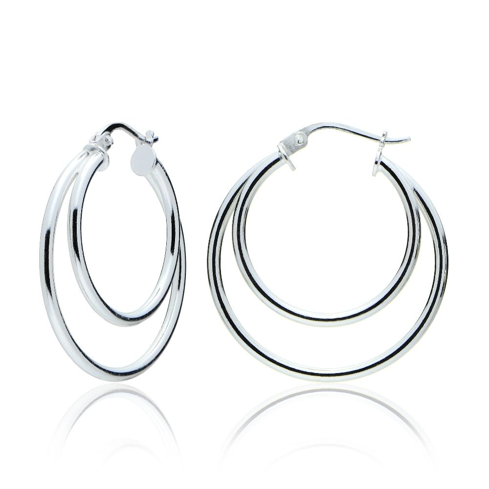 Sterling Silver Double Circle Round-Tube Polished Hoop Earrings, 30mm - Grocery