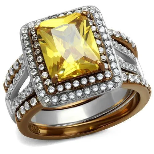 TK2962 - Two Tone IP Light Brown (IP Light coffee) Stainless Steel Ring with AAA Grade CZ in Topaz - Grocery