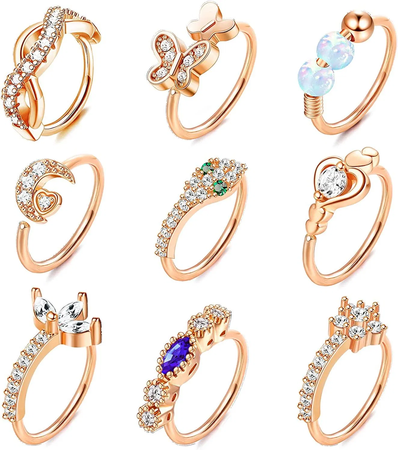 9Pcs 20G Stainless Nose Rings Hoop for Women Men Paved CZ Heart Snake Butterfly Hoop Nose Rings Cartilage Earrings Body Piercing Jewelry - Grocery