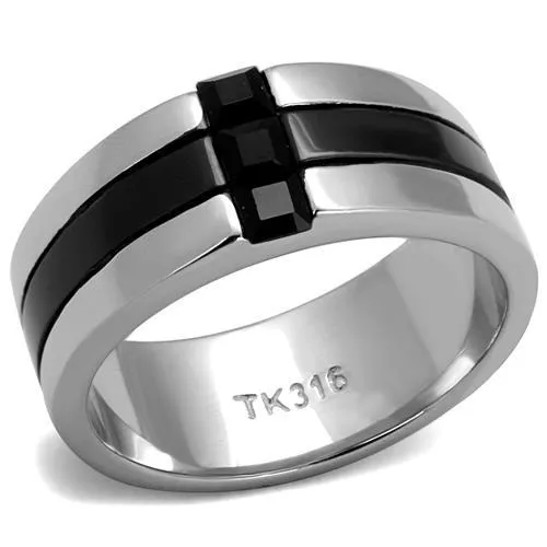 TK2516 - High polished (no plating) Stainless Steel Ring with Top Grade Crystal in Jet - Grocery