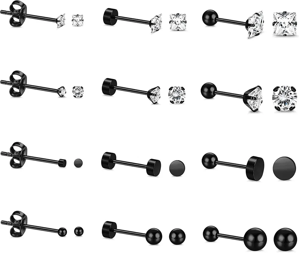 12 Pairs 316l Stainless Stud Earrings Set For Women Men Round Square Ball Cubic Zirconia Stud Earrings - Grocery