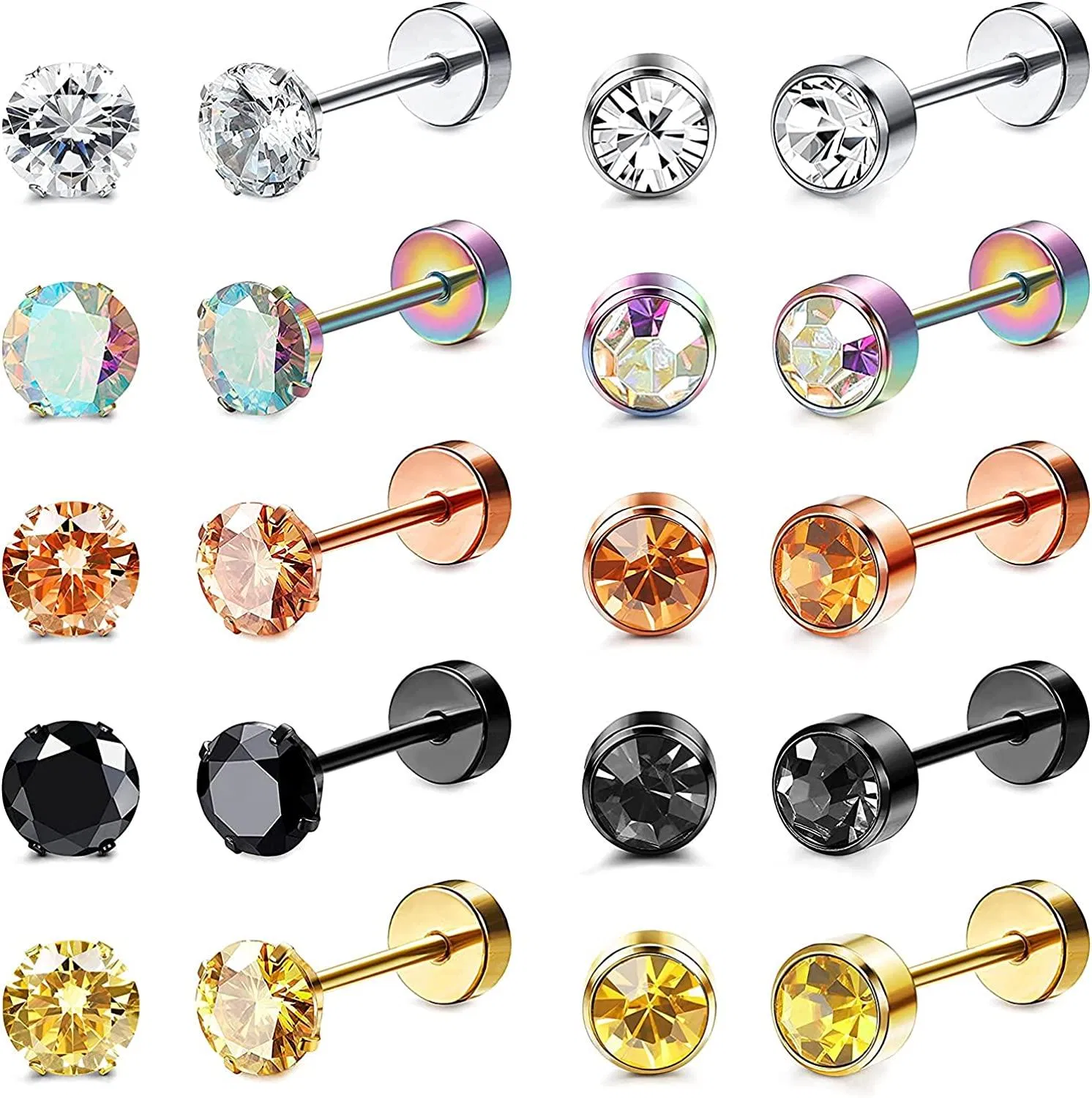 10 Pairs 18G Stainless Tragus CZ Stud Earrings Screw Flat Back Earrings for Cartilage Ear Pirecing Set For Women Men Set - Grocery