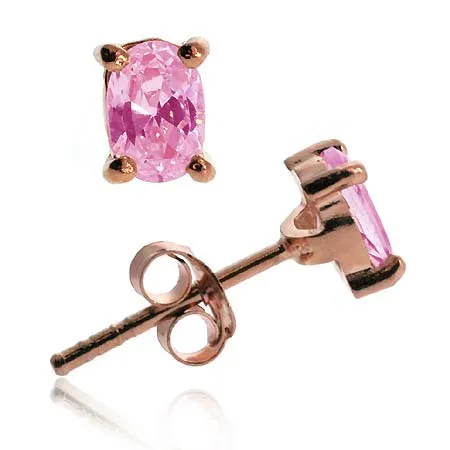18K Rose Gold over Sterling Silver Pink CZ 6x4 Oval Stud Earrings - Grocery