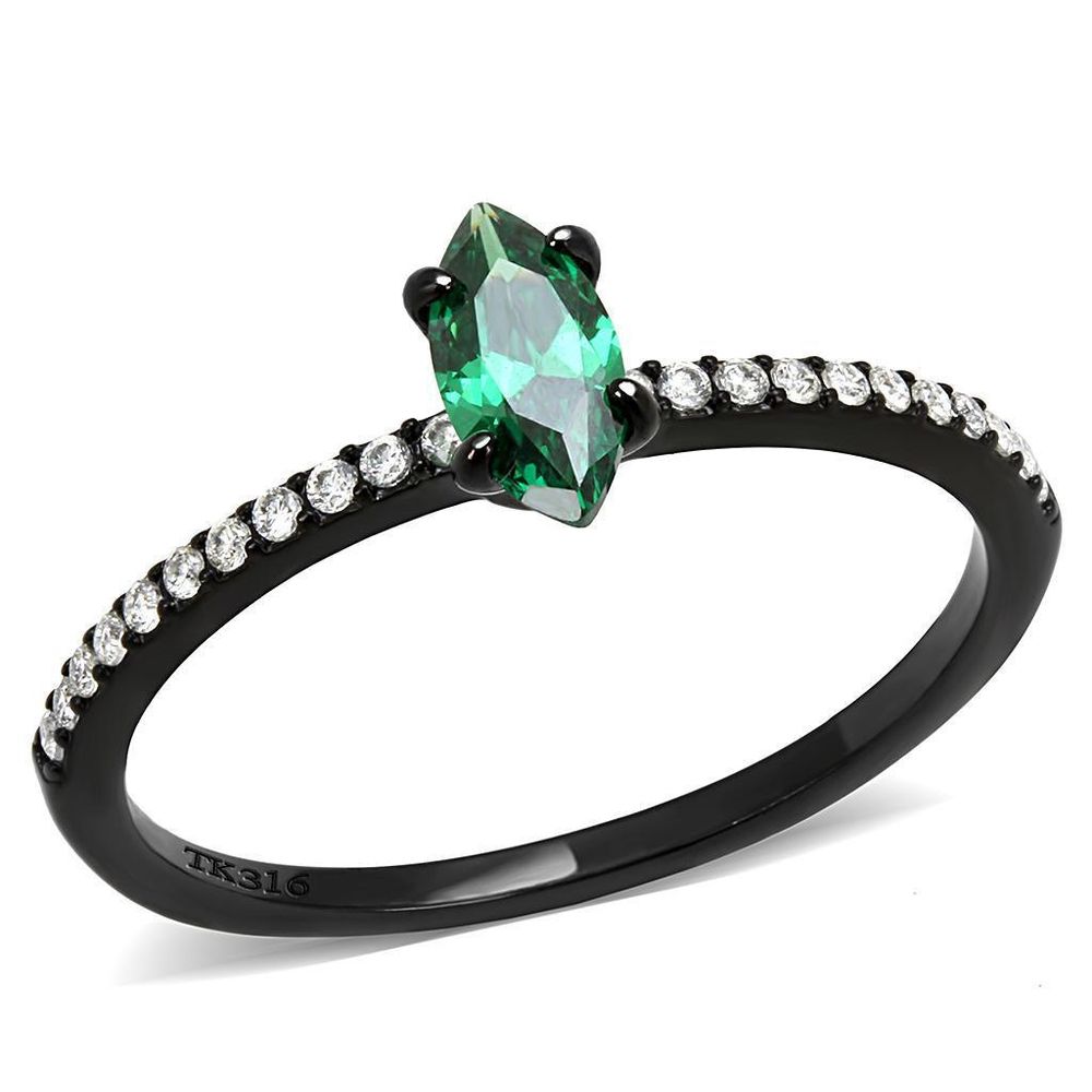 DA033 - IP Black(Ion Plating) Stainless Steel Ring with AAA Grade CZ in Emerald - Grocery
