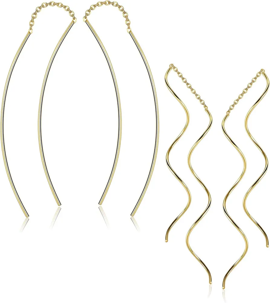 2 Pairs 925 Sterling Silver Threader Earrings for Women Ear Line Wave Drop Dangle Fish Long Chain Earrings Hypoallergenic - Grocery