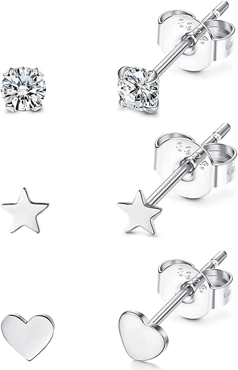 3 Pairs 925 Sterling Silver Stud Earrings for Women Cubic Zirconia Stud Earrings Cartilage Earrings Plated Tragus Helix Piercing - Grocery