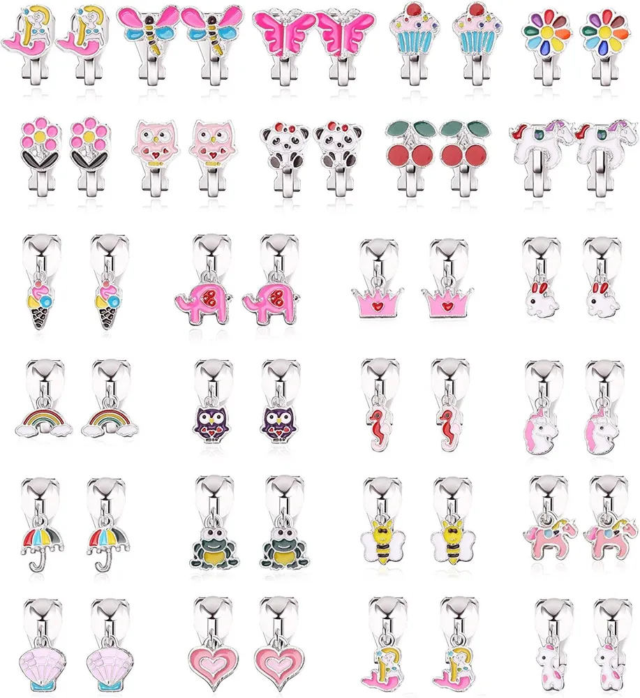 26 Pairs Cute Clip on Earrings Assorted Animal Earrings for Women; Flower Heart Unicorn Mixed Color Earrings Pack for Non Pierced - Grocery