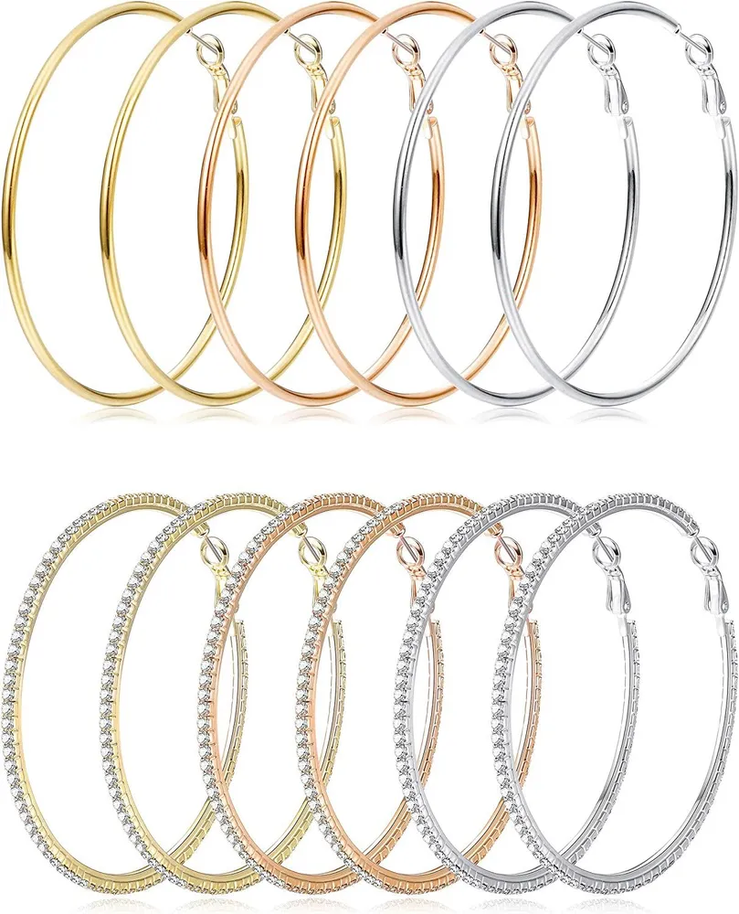 6 Pairs Big Hoop Earrings Gold Plated Cubic Zirconia Hypoallergenic Dangle Hoops for Women 50MM - Grocery