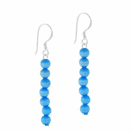 Sterling Silver Light Blue Simulated Cats Eye Stone 6 Bead Beaded Dangle Earrings - Grocery