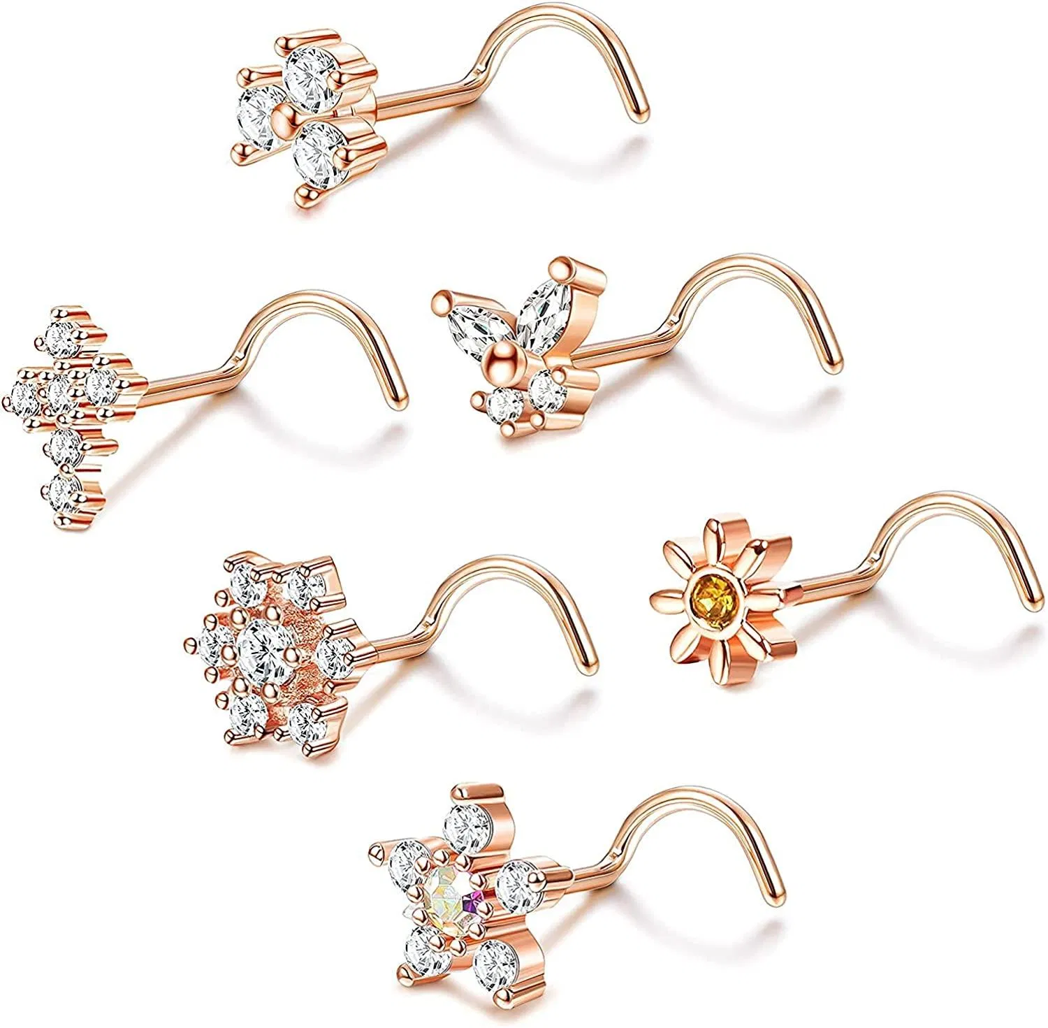 20G Nose Ring L Shape Bone Screw Nose Studs Stainless CZ Flower Butterfly Snowflake Nose Stud Screw Retainer Piercing Jewelry Set for Women Men 6PCS - Grocery