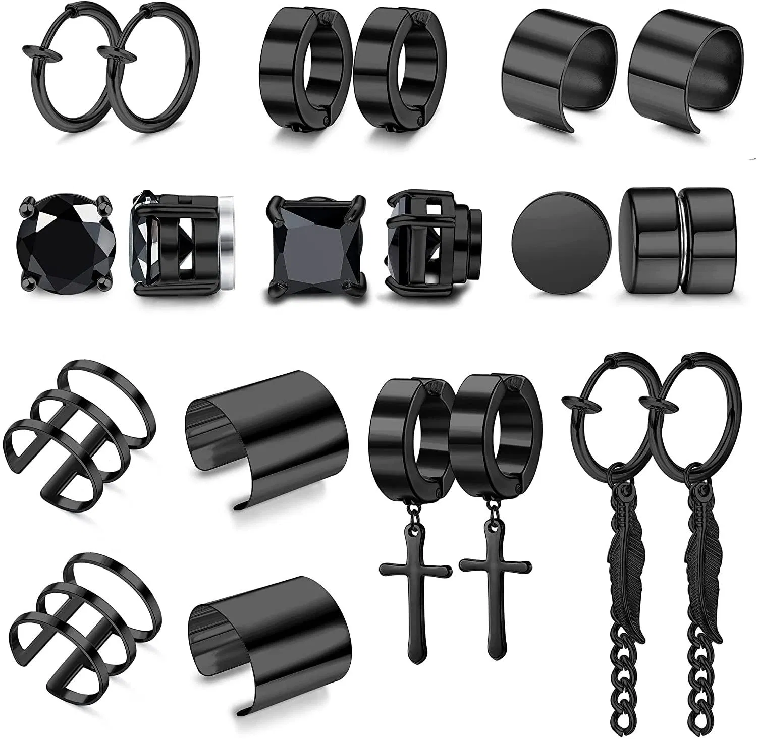 10 Pairs Stud Earrings for Men Stainless Magnetic Earrings Non-Piercing Cross Feather Dangle Hoop Earrings Unisex Clip on Cuff Earring CZ Earring Set - Grocery