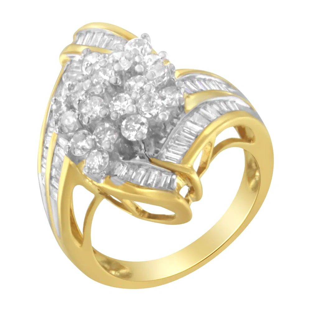 10K Yellow Gold Round and Baguette Diamond Swirl Ring (2.0 Cttw, J-K Color, I2 Clarity) - Grocery