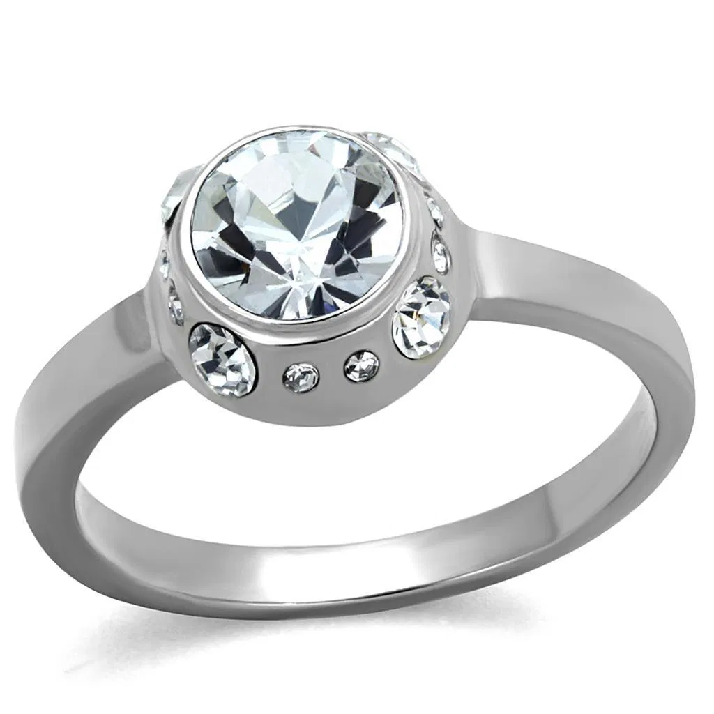 TK2183 - High polished (no plating) Stainless Steel Ring with Top Grade Crystal in Clear - Grocery