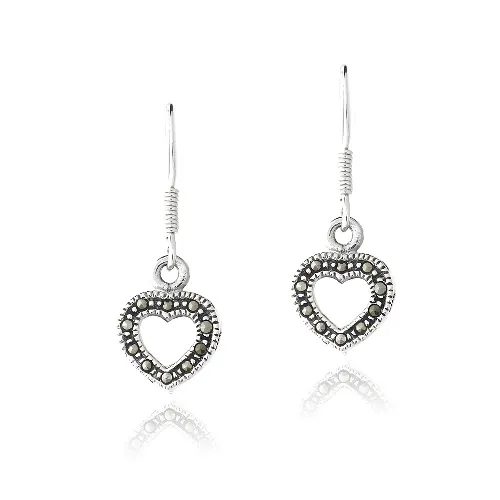 Sterling Silver Marcasite Open Heart Dangle Earrings - Grocery