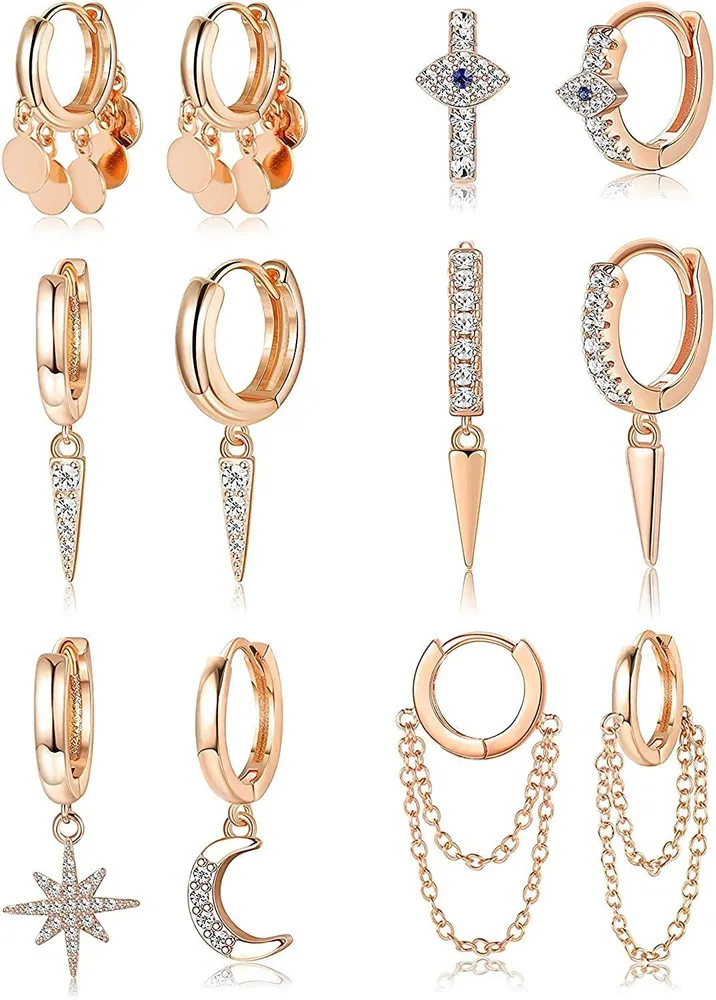 6Pairs Moon Star Dangle Hoop Earrings Evil Eye Huggie Hoop Cute Earring CZ Spike Hinged Tassel Chain Drop Dangle Cartilage Earring Set - Grocery