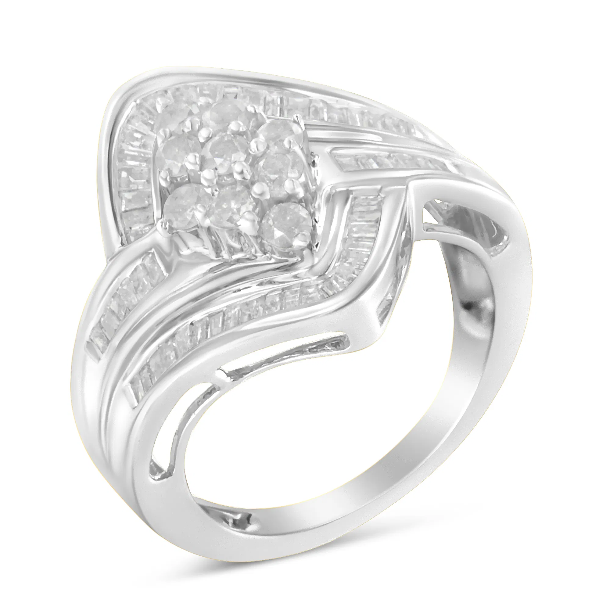 .925 Sterling Silver 1.0 Cttw Round & Baguette Cut Diamond Bypass Faux-Wrap Cluster Engagement or Cocktail Ring (I-J Color, I2-I3 Clarity) - Grocery