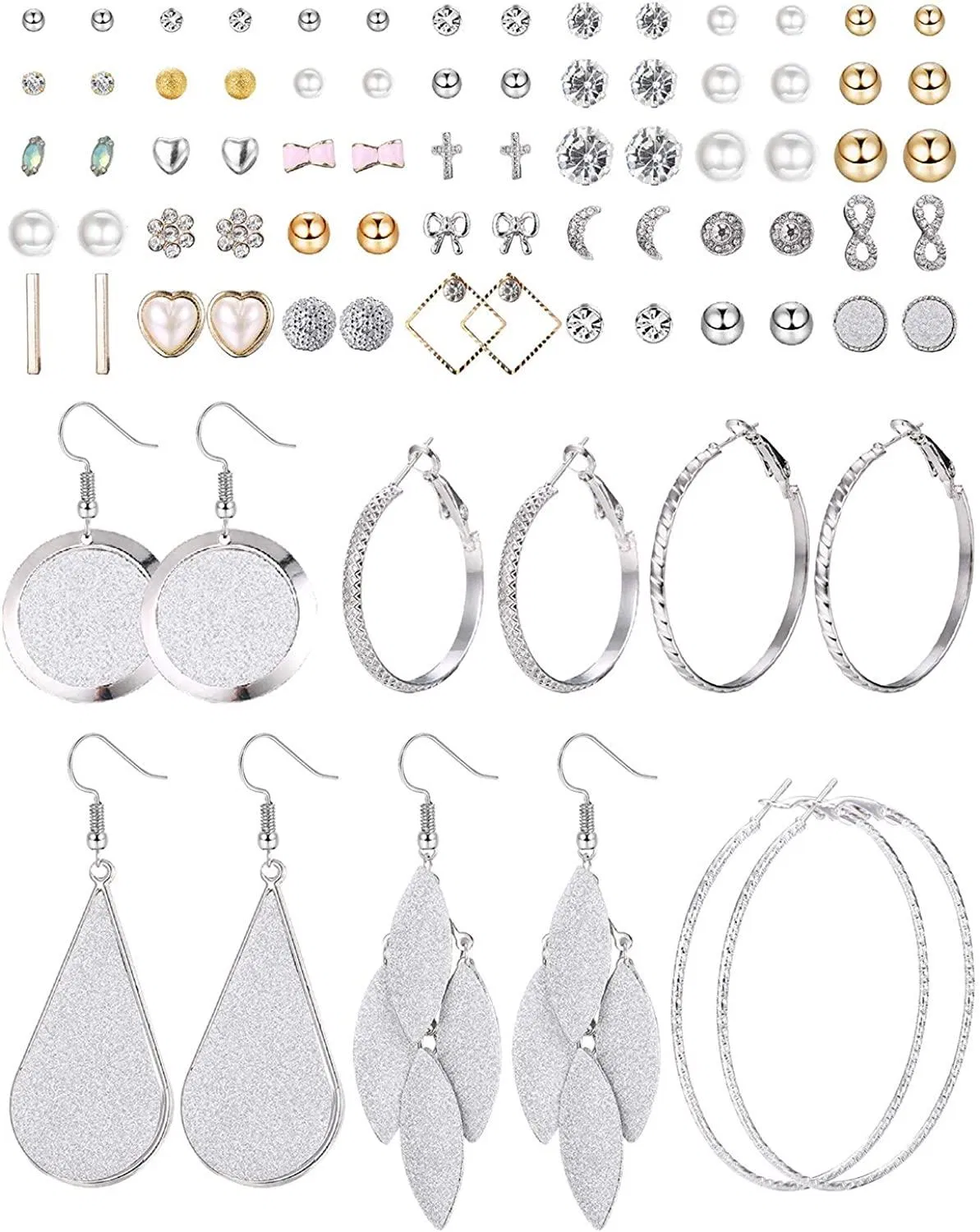 41 Pairs Assorted Multiple Earring Set for Women Cute Flower Dangle Drop Hoop Earring CZ Ball Moon Faux Pearl Stud Earring - Grocery