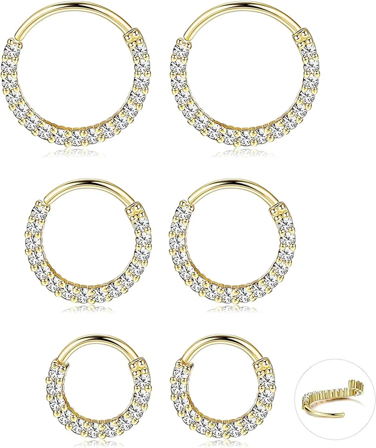 6 Pcs 20G 6/8/10mm Stainless Steel Cartilage Hoop Earrings Nose Rings CZ Septum Daith Helix Tragus Body Piercing Jewelry - Grocery