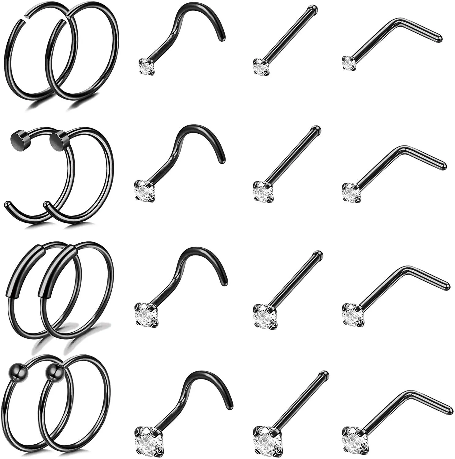 Nose Rings for Women Men; Nostril Nose Piercing Jewelry Set; Surgical Steel Nose Ring Hoops; L Shape Nose Stud; Screw Nose Studs; Bone Nose Studs - Grocery