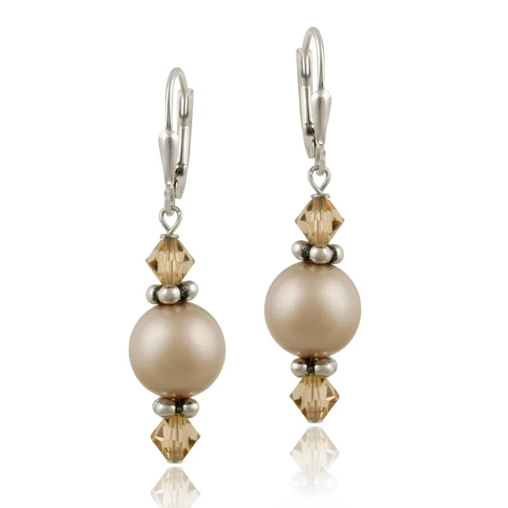 Sterling Silver Almond Swarovski Pearl & Crystal Dangle Leverback Earrings - Grocery