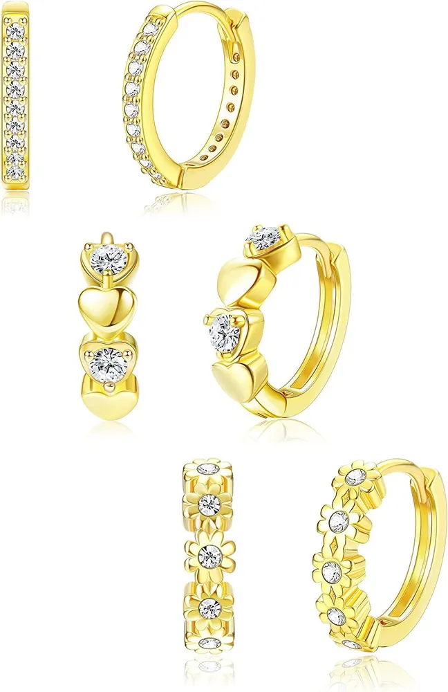 3 Pairs Huggie Hoop Earrings for Women Cubic Zirconia Heart Daisy Flower Small Dainty Cute Cartilage Hoop Earrings Set - Grocery